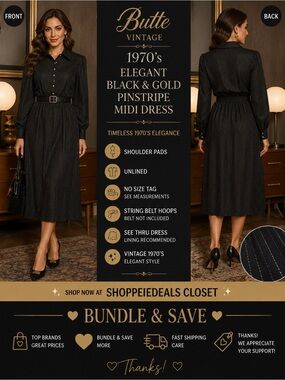 Butte Vintage 1970’s Elegant Black & Gold Pinstripe Midi Dress